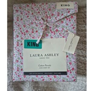 Laura Ashley Emogene Pink Floral King Sheet Set 100% Cotton Percale 4pc NWT